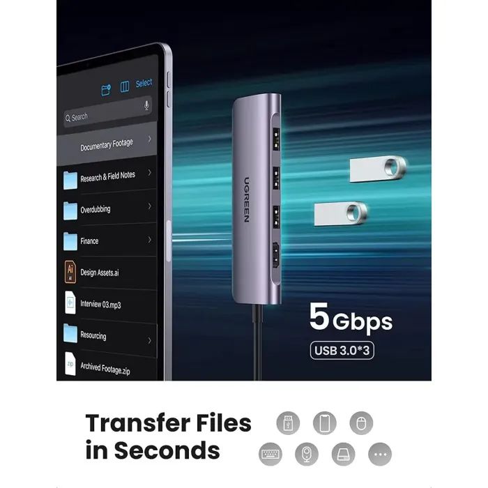 Концентратор Ugreen USB-C to 3xUSB 3.0 + HDMI + SD/TF CM195 gray (70410) зображення 6 Концентратор Ugreen USB-C to 3xUSB 3.0 + HDMI + SD/TF CM195 gray (70410) зображення 6