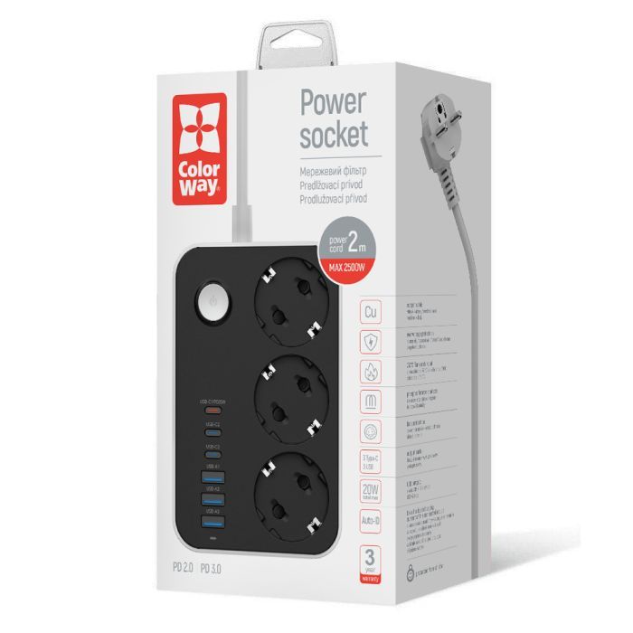 Мережевий фільтр живлення ColorWay CW-CHE36PDB, 3 розетки/ 3USB + 3TYPE-C 2M (CW-CHE36PDB) зображення 6