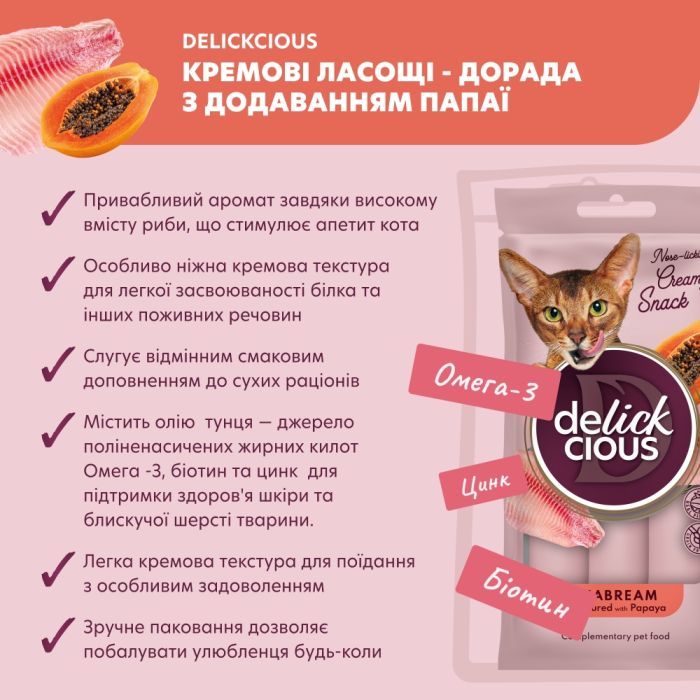 Лакомство для котов Delickcious Кремовые дорадо с добавлением папаи 1+1 (4820269148000) изображение 3