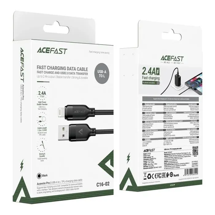 Дата кабель USB 2.0 AM to Lightning 1.2m 2.4A TPE black Acefast (6974316286202) зображення 5