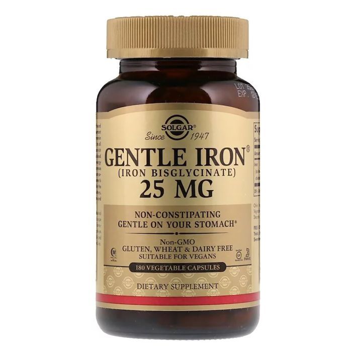 Минералы Solgar Хелатне Залізо, 25 мг, Gentle Iron, 180 рослиннихапсул (SOL-01250)
