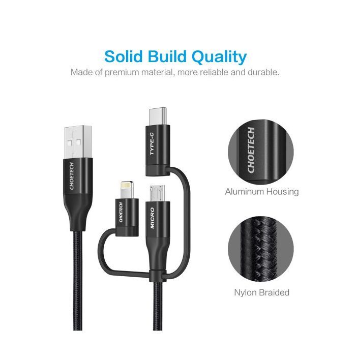Дата кабель USB 2.0 AM to Lightning + Micro 5P + USB-C 1.2m MFI Choetech (IP0030-BK) зображення 3