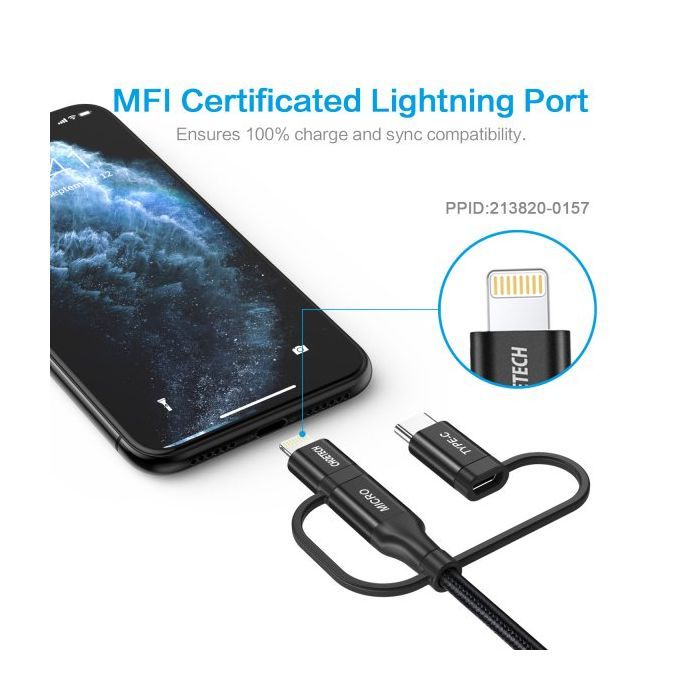 Дата кабель USB 2.0 AM to Lightning + Micro 5P + USB-C 1.2m MFI Choetech (IP0030-BK) зображення 4