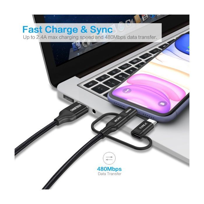 Дата кабель USB 2.0 AM to Lightning + Micro 5P + USB-C 1.2m MFI Choetech (IP0030-BK) зображення 6