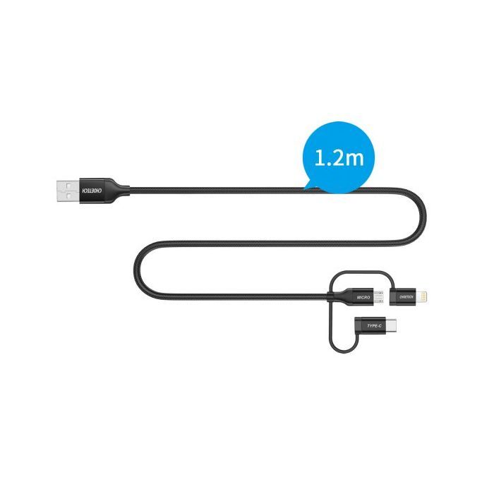 Дата кабель USB 2.0 AM to Lightning + Micro 5P + USB-C 1.2m MFI Choetech (IP0030-BK) зображення 7