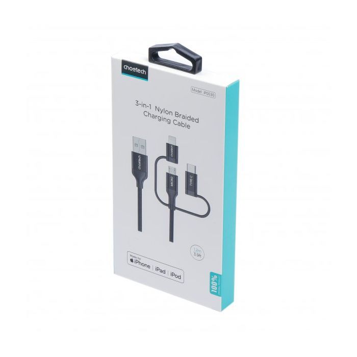 Дата кабель USB 2.0 AM to Lightning + Micro 5P + USB-C 1.2m MFI Choetech (IP0030-BK) зображення 9