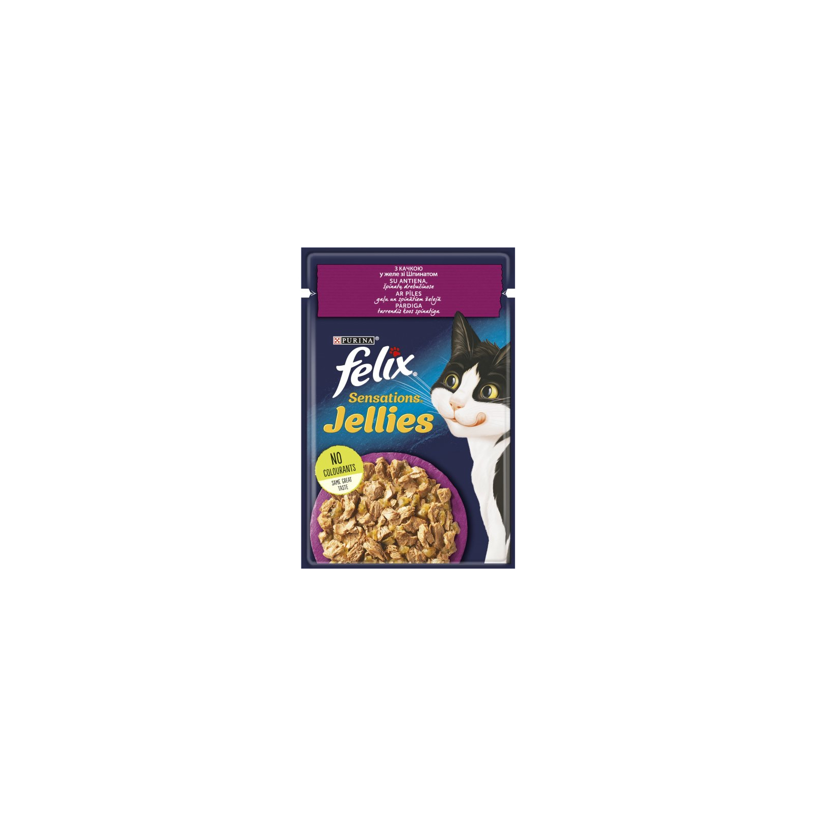 Вологий корм для кішок Purina Felix Sensations Jellies з качкою та шпинатом у желе 85 г (7613039831281)