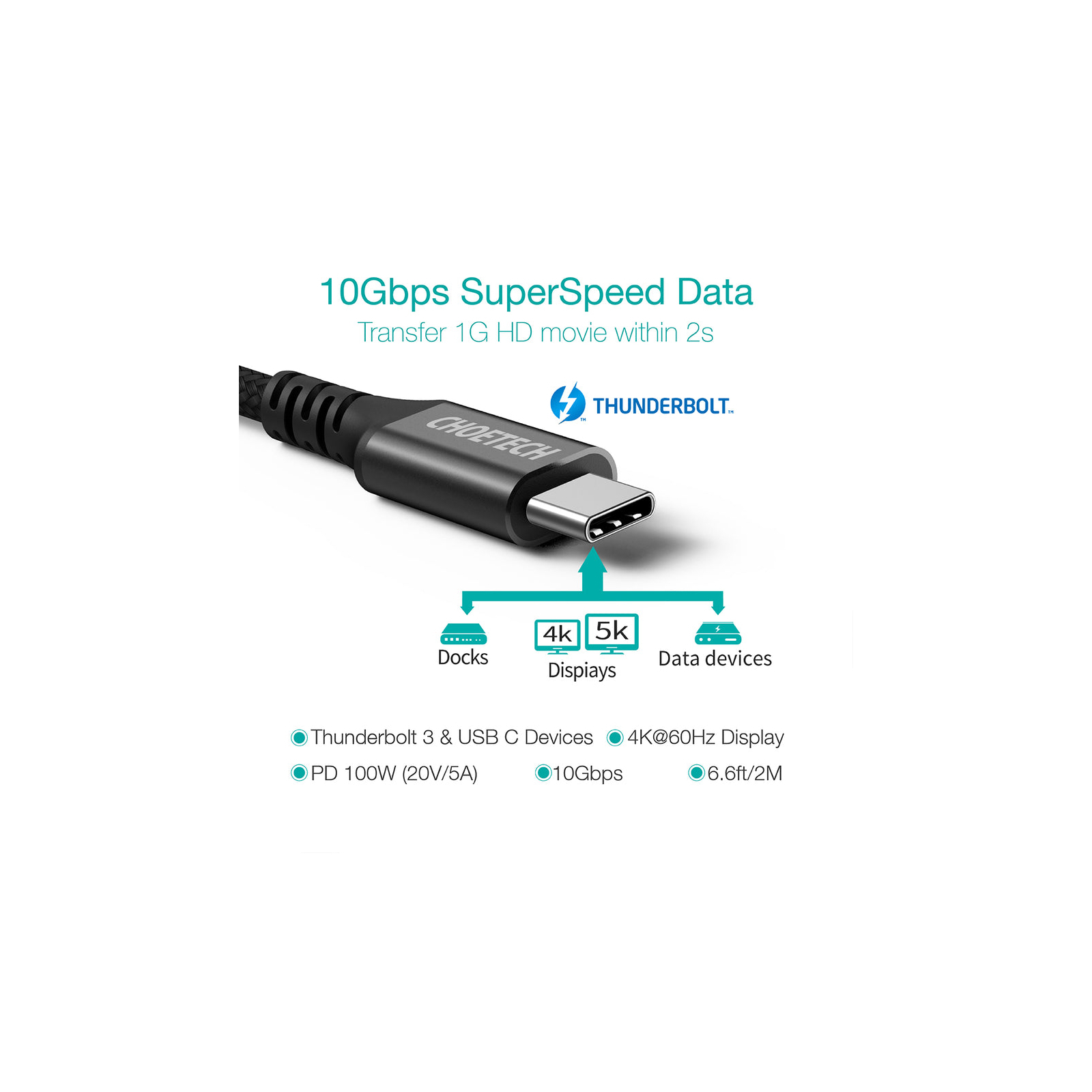 Дата кабель USB-С to USB-С 2.0m 100W 4K60Hz USB3.1 GEN2 Choetech (XCC-1007-V2-BK) изображение 2