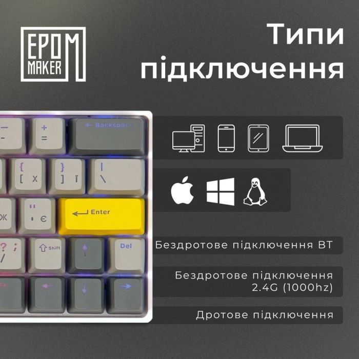Клавиатура Epomaker EP64 60 Mulan Switch Hot-Swap RGB Wireless/Bluetooth/USB UA Black (EP64-B-M) изображение 5