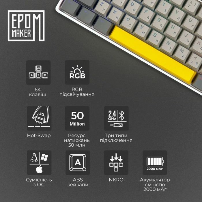 Клавиатура Epomaker EP64 60 Mulan Switch Hot-Swap RGB Wireless/Bluetooth/USB UA Black (EP64-B-M) изображение 8
