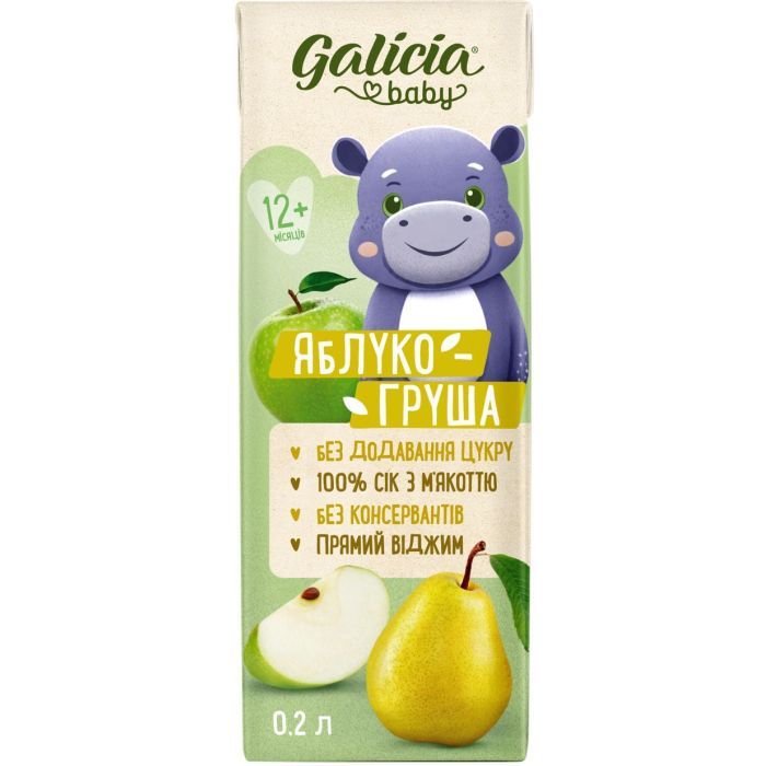 Сок детский Galicia Baby яблочно-грушевый с мякотью натуральный 200 мл (4820209564266)