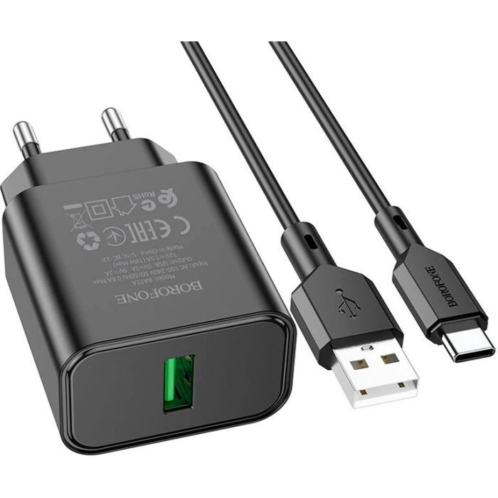 Зарядное устройство BOROFONE BA72A Spring USB QC3.0 + cable USB to USB-C 18W Black (6974443388589) изображение 2