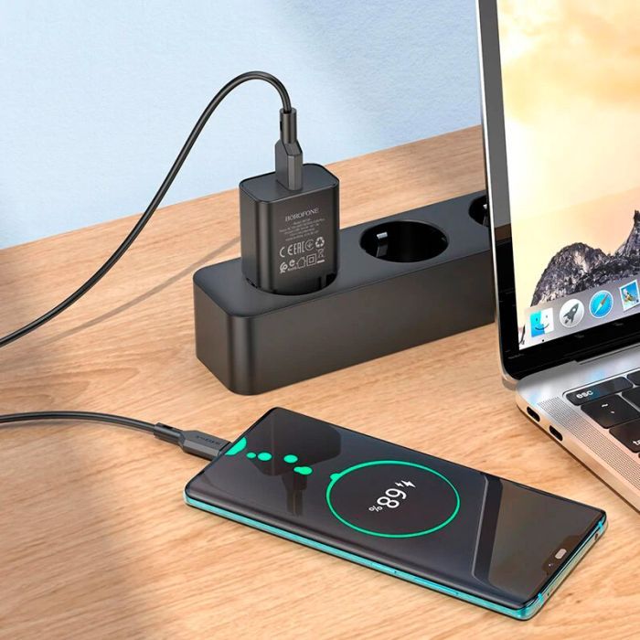 Зарядное устройство BOROFONE BA72A Spring USB QC3.0 + cable USB to USB-C 18W Black (6974443388589) изображение 4
