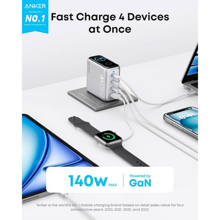 Зарядное устройство Anker Laptop GaN 140W 3xUSB-C PD3.1 + USB-A + display + cable Silver (B2697G41) изображение 2