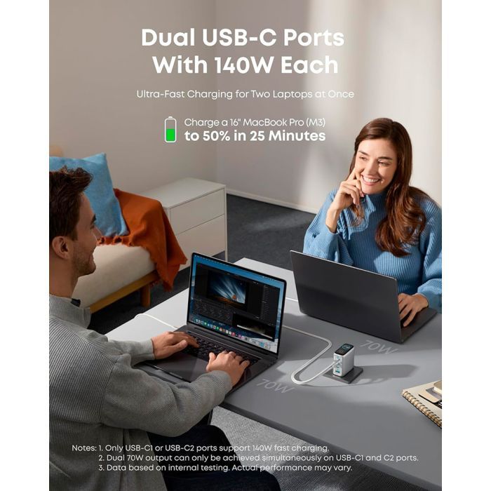 Зарядное устройство Anker Laptop GaN 140W 3xUSB-C PD3.1 + USB-A + display + cable Silver (B2697G41) изображение 3