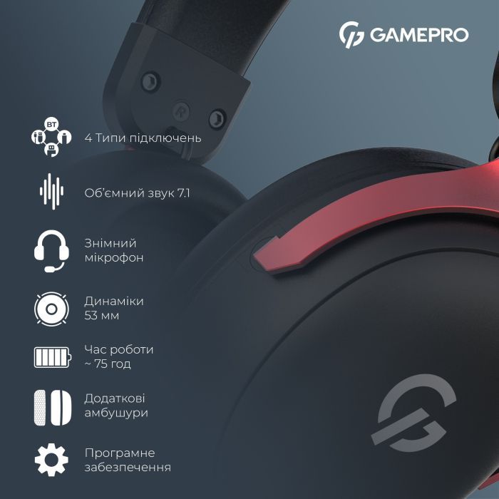 Навушники GamePro Asgard Freya Pro Wireless Black/Red (HSW201BR) зображення 12