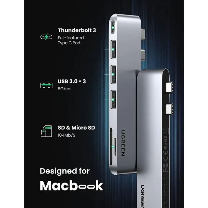 Концентратор Ugreen 2xUSB-C to 3xUSB 3.0 + SD/TF + PD CM251 gray (60560) зображення 2 Концентратор Ugreen 2xUSB-C to 3xUSB 3.0 + SD/TF + PD CM251 gray (60560) зображення 2