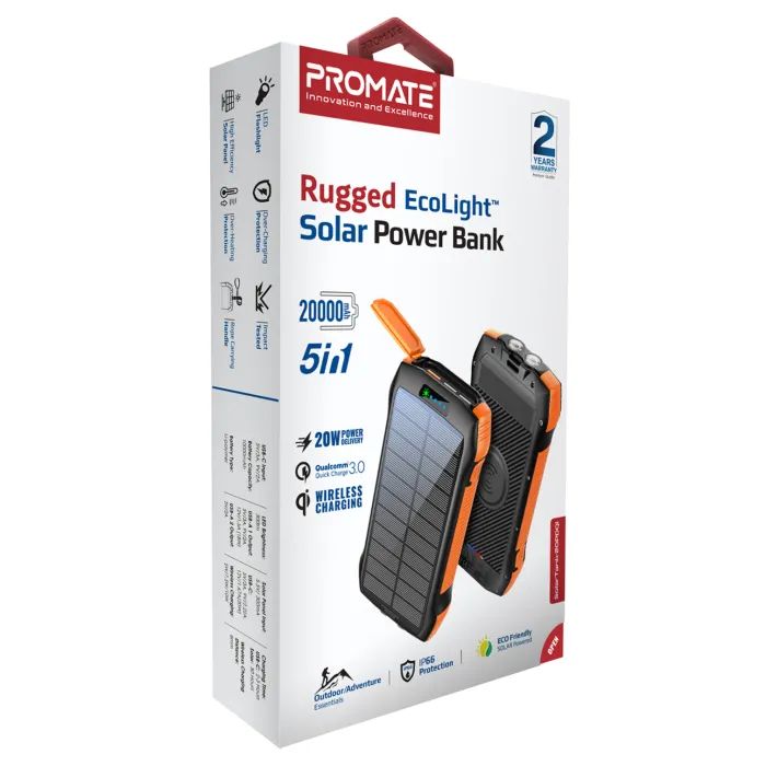 Батарея універсальна Promate 20000mAh PD/20W, QC/3/0, Solar, QI, IP65 (solartank-20pdqi.black) зображення 2