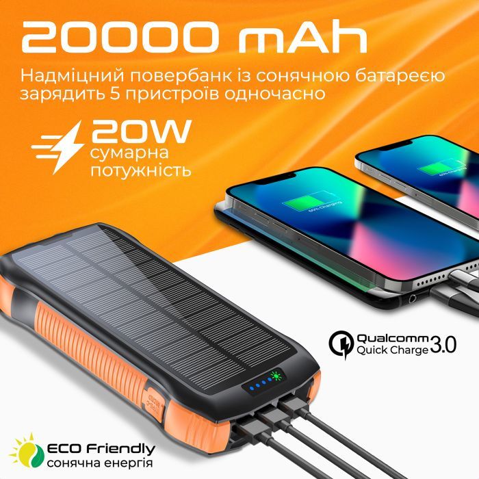 Батарея універсальна Promate 20000mAh PD/20W, QC/3/0, Solar, QI, IP65 (solartank-20pdqi.black) зображення 3