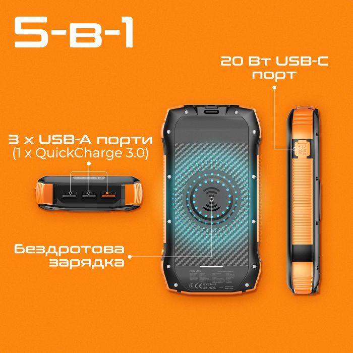 Батарея універсальна Promate 20000mAh PD/20W, QC/3/0, Solar, QI, IP65 (solartank-20pdqi.black) зображення 4