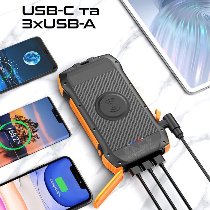 Батарея універсальна Promate 20000mAh PD/20W, QC/3/0, Solar, QI, IP65 (solartank-20pdqi.black) зображення 6