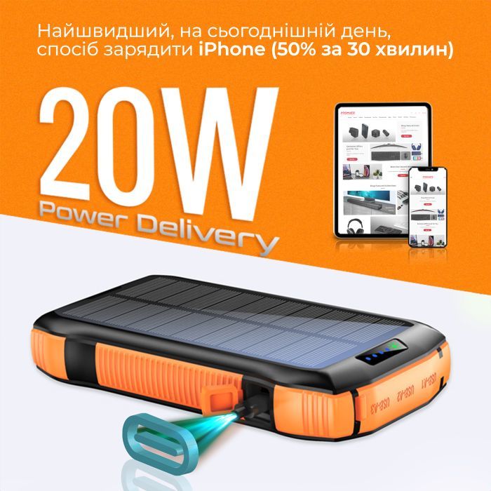 Батарея універсальна Promate 20000mAh PD/20W, QC/3/0, Solar, QI, IP65 (solartank-20pdqi.black) зображення 7
