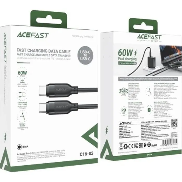 Дата кабель USB-C to USB-C 1.2m 60W TPU black Acefast (6974316283805) изображение 4