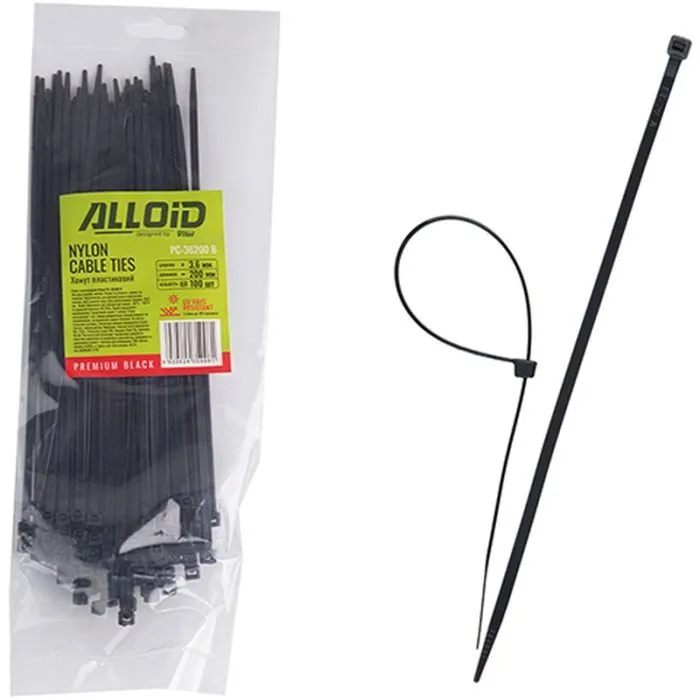 Стяжка Alloid 3.6х200мм, пластик, 100шт./уп., черный (PC-36200B)