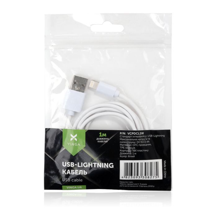 Дата кабель USB 2.0 AM to Lightning PVC 1m white Vinga (VCPDCL1W) изображение 4