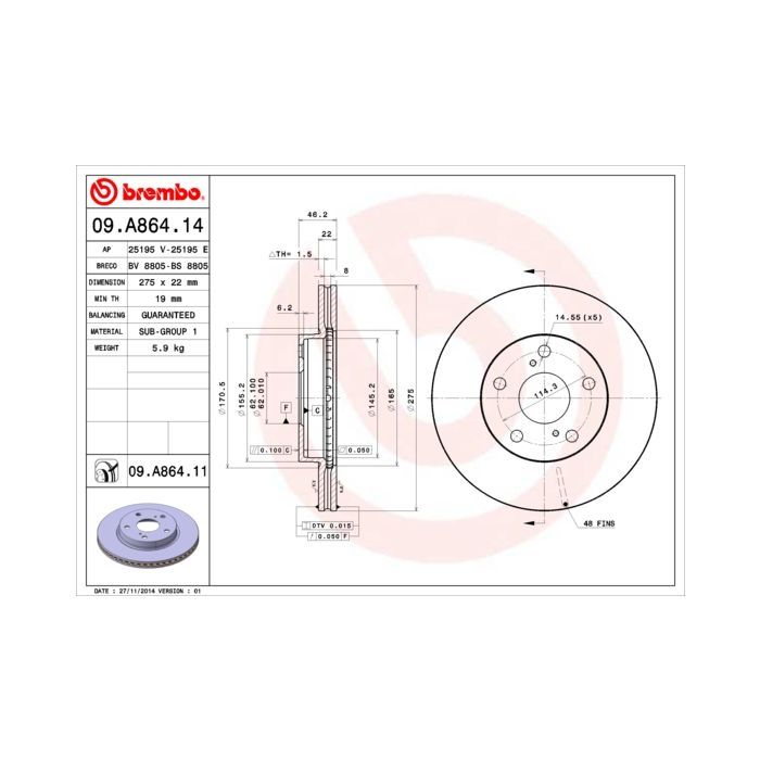 Тормозной диск Brembo 09.A864.14