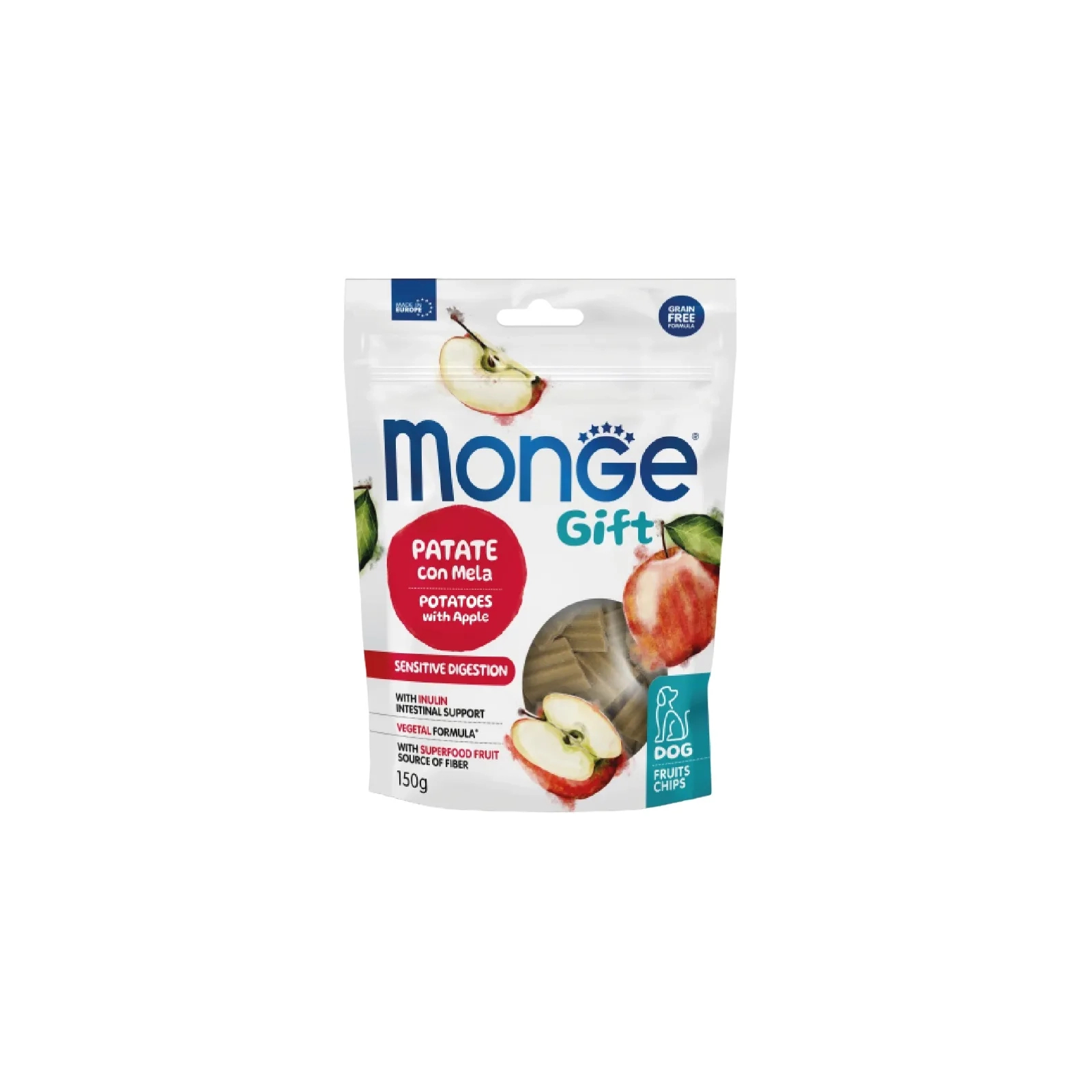 Лакомство для собак Monge Gift Dog Fruit Chips Sensitive digestion картофель с яблоком (веган) 150 г (8009470085786)
