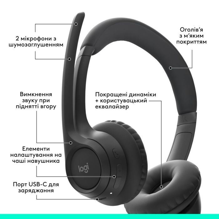 Наушники Logitech Zone 300 Bluetooth Graphite (981-001407) изображение 6