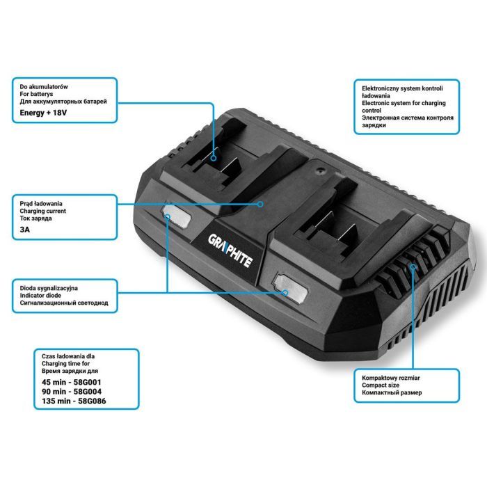 Зарядное устройство для аккумуляторов инструмента Graphite Energy+ 18V, 3А,0.74кг (58G085) изображение 2
