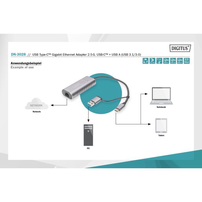 Переходник USB-C + USB 3.0 to RJ45 2500Mbps Ethernet Digitus (DN-3028) изображение 10