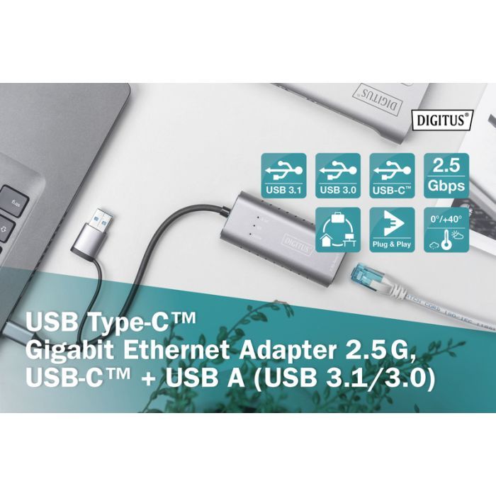 Переходник USB-C + USB 3.0 to RJ45 2500Mbps Ethernet Digitus (DN-3028) изображение 9