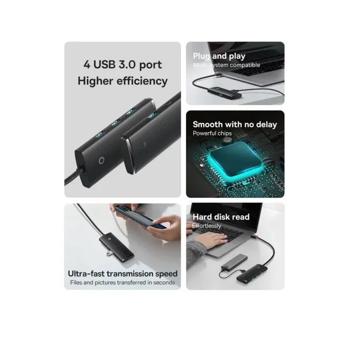 Концентратор Baseus USB-C to 4xUSB 3.0 1.0m black (WKQX030401) изображение 11