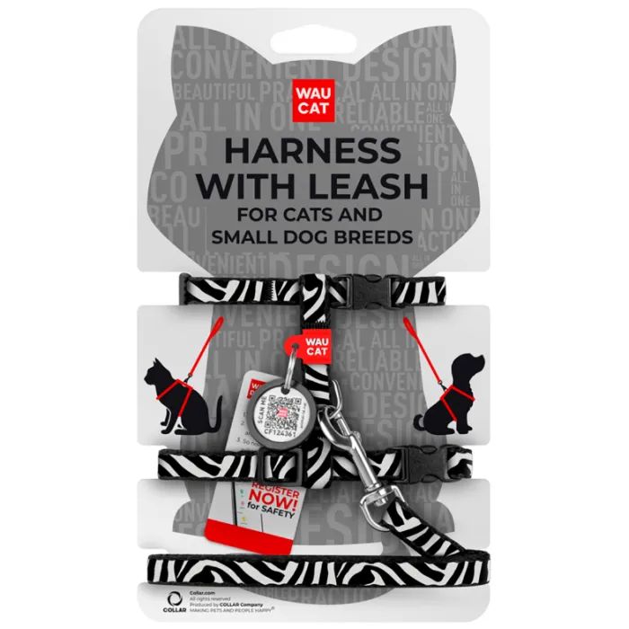 Шлея для котів Waucat Nylon з QR паспортом "Зебра" пластиковий фастекс (329-0055)