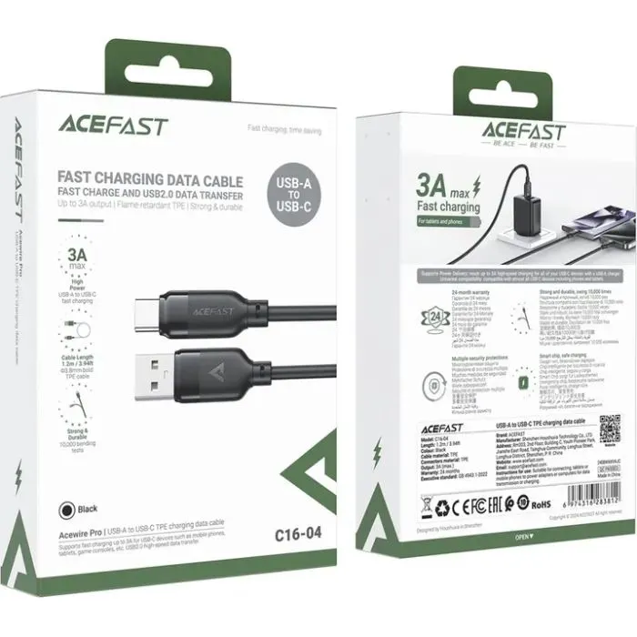 Дата кабель USB 2.0 AM to USB-C 1.2m 3A TPE black Acefast (6974316283812) изображение 5