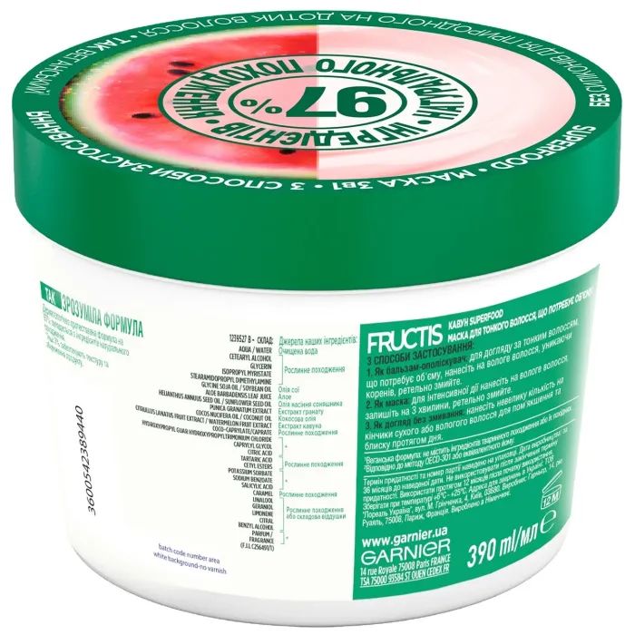 Маска для волос Garnier Fructis Superfood Сочный Арбуз для тонких волос 390 мл (3600542389440) изображение 2