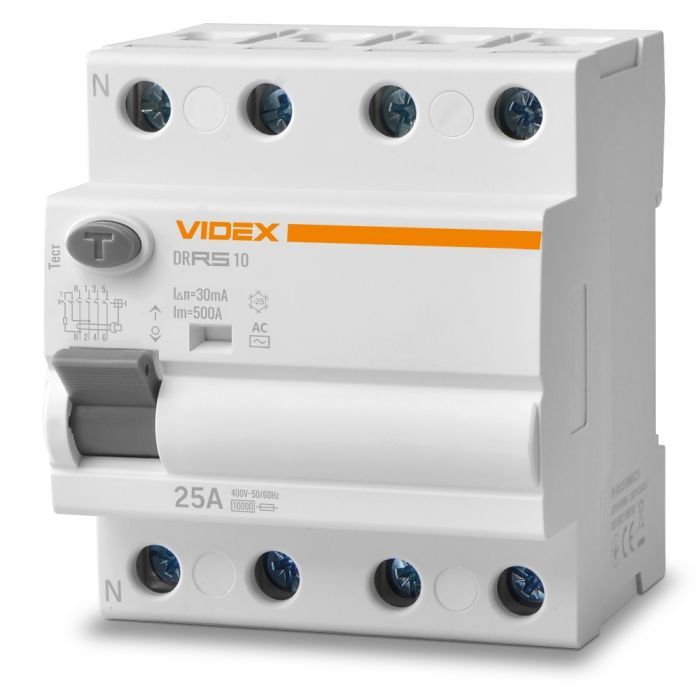 Дифференциальное реле (УЗО) Videx RESIST АС 4п 30мА 10кА 25А (VF-RS10-DR4AC25)