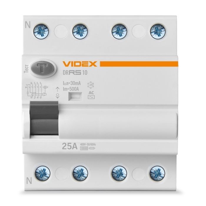 Дифференциальное реле (УЗО) Videx RESIST АС 4п 30мА 10кА 25А (VF-RS10-DR4AC25) изображение 2