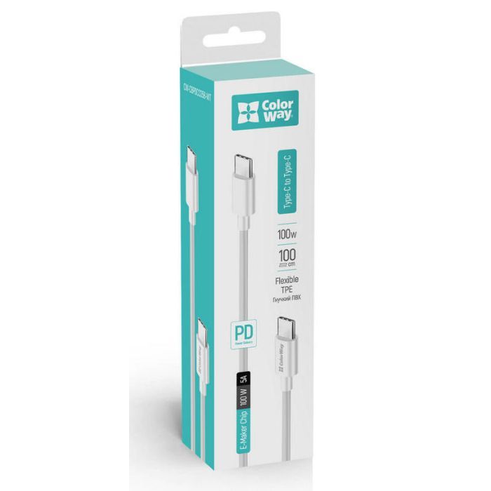 Дата кабель USB-C to USB-C 1.0m 5A 100W white ColorWay (CW-CBPDCC058-WT) зображення 6