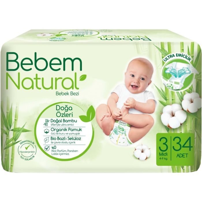 Подгузники Bebem Natural 3 midi 4-9 кг 56 шт (8690536831951)