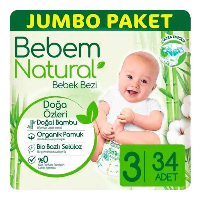 Подгузники Bebem Natural 3 midi 4-9 кг 56 шт (8690536831951) изображение 2