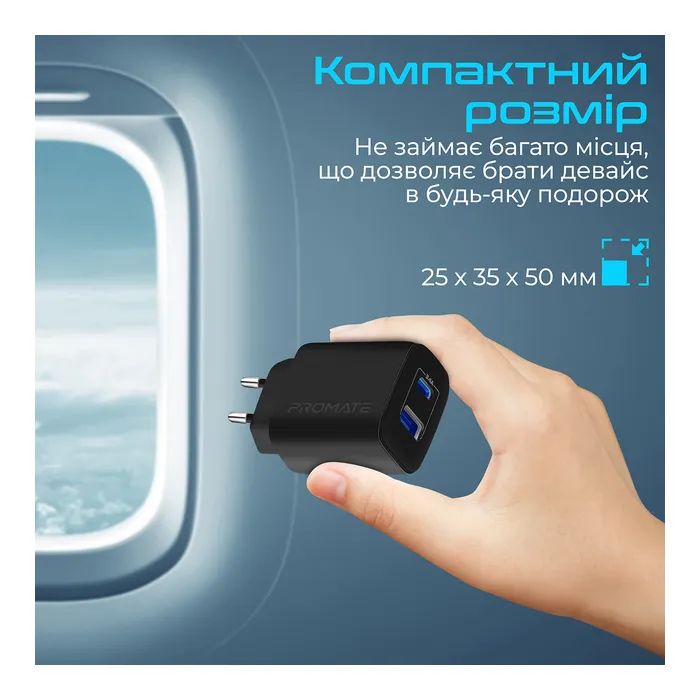 Зарядное устройство Promate 17W USB-C + USB-A (biplug-2.black) изображение 5