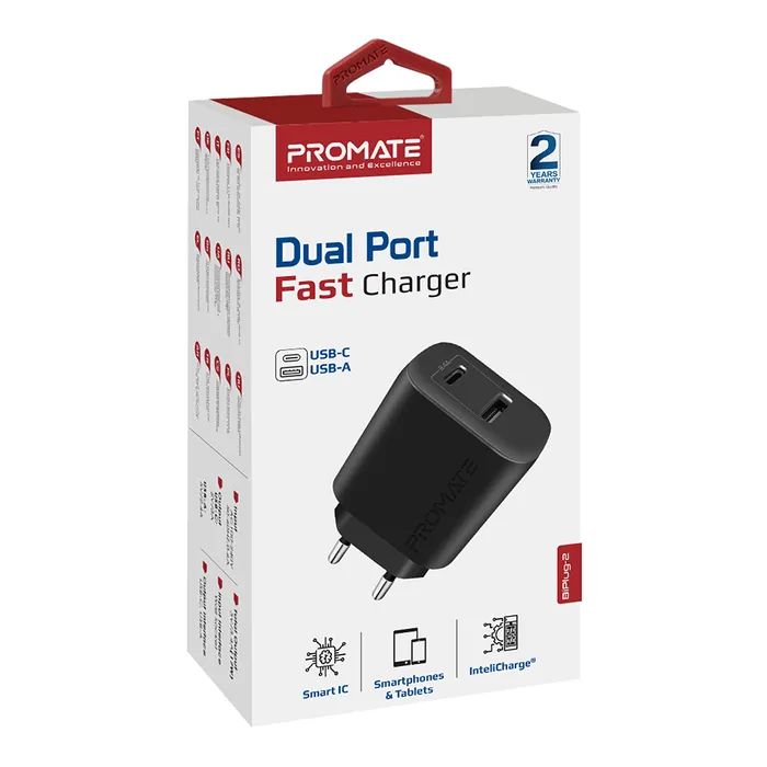 Зарядное устройство Promate 17W USB-C + USB-A (biplug-2.black) изображение 7
