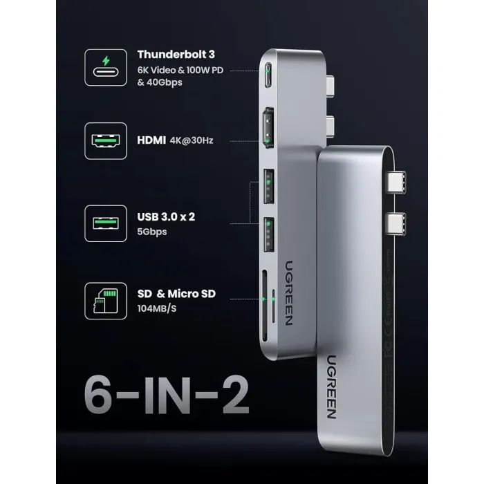 Концентратор Ugreen 2xUSB-C to HDMI + 2xUSB 3.0 + SD/TF + USB-C CM380 gray (80856) изображение 2 Концентратор Ugreen 2xUSB-C to HDMI + 2xUSB 3.0 + SD/TF + USB-C CM380 gray (80856) изображение 2