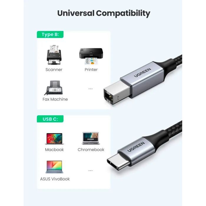Кабель для принтера USB-C to BM 1.0m black UGREEN (45034) зображення 2