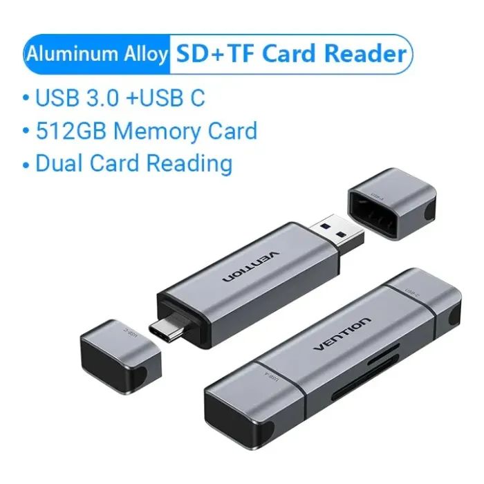 Считыватель флеш-карт Vention USB 3.0 AM/USB-C to SD+TF Gray Dual Drive Letter Aluminum Alloy (CLLH0) изображение 3