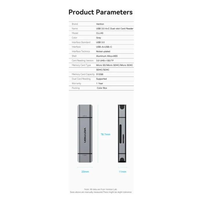 Считыватель флеш-карт Vention USB 3.0 AM/USB-C to SD+TF Gray Dual Drive Letter Aluminum Alloy (CLLH0) изображение 4
